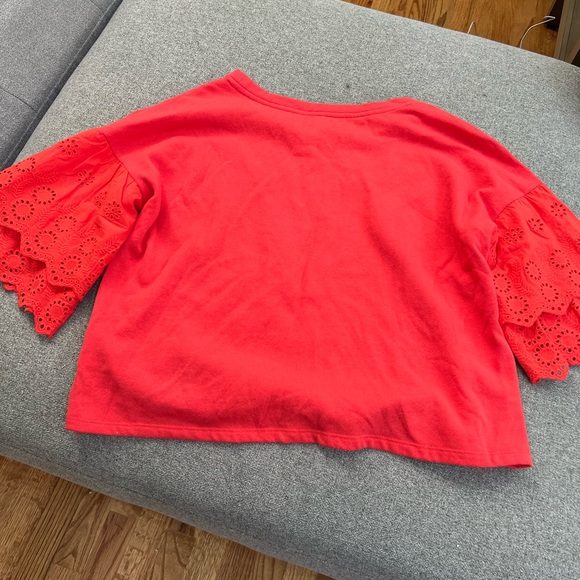 Cropped Fleece Lined Lace Sleeve Red Top - Picture 3 of 4